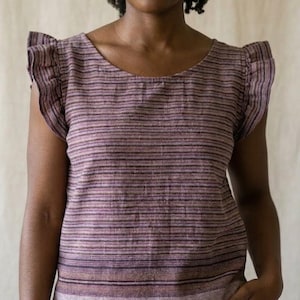 Purple Striped Ruffled Sleeve Loose Fitting Kenyan Kikoy Summer Top Shirt Blouse