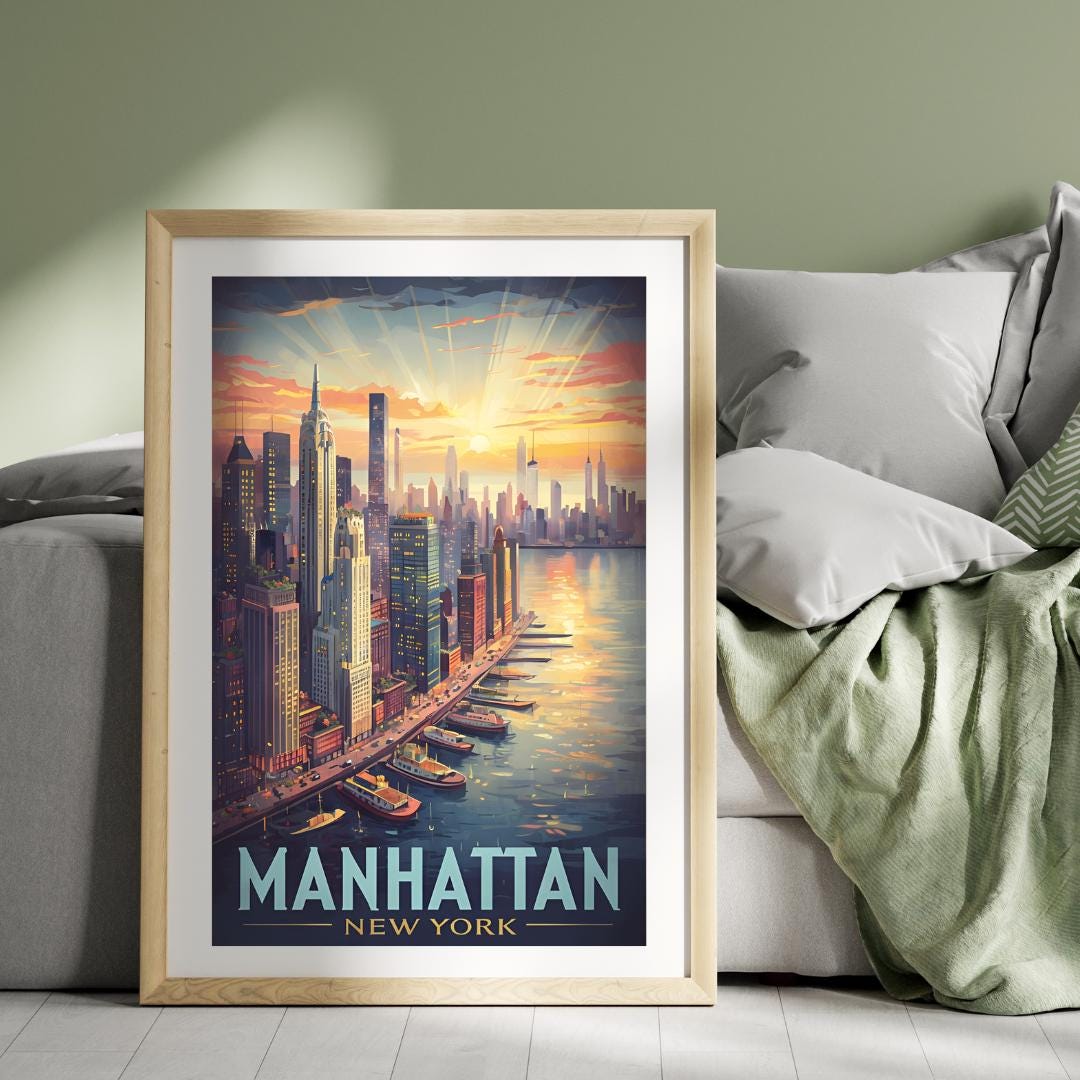Manhattan New York Skyline Wall Art – Vintage Sunset Travel Poster, NYC ...