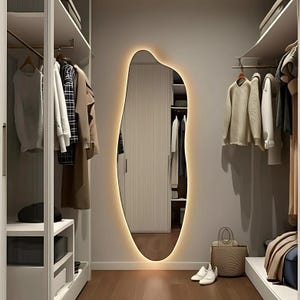 LED Lighted Irregular Full Body Mirror - Asymmetrical Wavy Floor Mirror - Modern Full Length Mirror for Bedroom, Hallway or Vanity Room