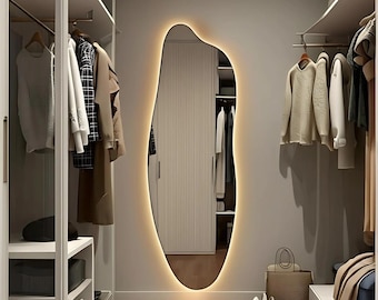 Handmade LED Full Body Mirror: Asymmetrical Wavy Design