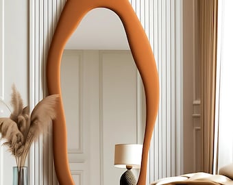 Asymmetrical Velvet Tall Mirror for Living Room - Full Length Fabric Floor Mirror - Irregular Full Body Fabric Frame Long Mirror for Bedroom