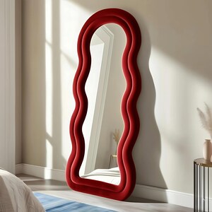 Teddy Frame Full Length Mirror - Wavy Irregular Floor Velvet Mirror - Fluffy Squiggle Wall Mirror - Soft Body Curvy Mirror for Bedroom