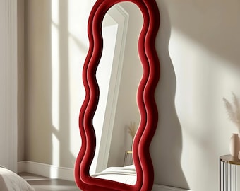 Teddy Frame Full Length Mirror - Wavy Irregular Floor Velvet Mirror - Fluffy Squiggle Wall Mirror - Soft Body Curvy Mirror for Bedroom