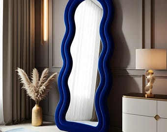 Teddy Frame Full Length Mirror - Wavy Irregular Floor Velvet Mirror - Fluffy Squiggle Wall Mirror - Soft Body Curvy Mirror for Bedroom
