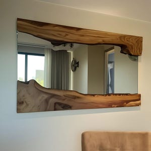 Rustic Live Edge Olive Wood Mirror – Real Wood Handmade Wavy Wall Mirror – Farmhouse Style Real Wood Wall Art – Unique Natural Edge Mirror