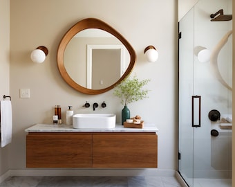 Asymmetrical Mid-Century Modern Mirror: Walnut or Oak Wood Frame