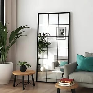 Farmhouse Full Length Hanging Mirror for Living Room Decor - Large Black Framed Wall Mirror -  Modern Industrial Window Mirror