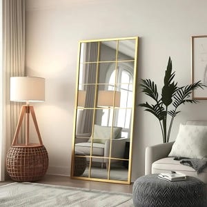 Farmhouse Full Length Hanging Mirror for Living Room Decor - Large Black Framed Wall Mirror -  Modern Industrial Window Mirror