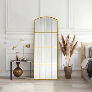 Large Gold Framed Window Wall Mirror - Modern Industrial Window Mirror - Farmhouse Full Length Hanging Mirror for Living Room Decor