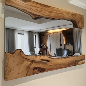 Asymmetrical Live Edge Olive Wood Mirror – Handmade Rustic Wall Mirror – Natural Large Wooden Mirror – Rectangular Real Wood Decor-Real Wood