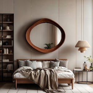 Asymmetrical Walnut Mirror - Irregular Real Wood Wall Mirror - Handcrafted Curved Frame - Mid Century Organic Modern Decor - Wooden Mirror