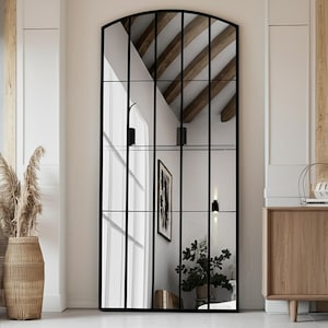 Large Black Framed Window Wall Mirror - Modern Industrial Window Mirror - Farmhouse Full Length Hanging Mirror for Living Room Decor