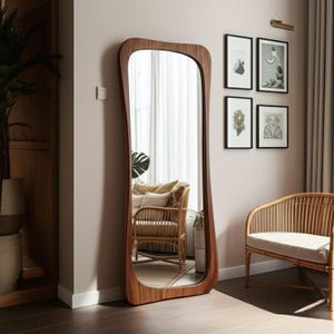 Full Length Asymmetrical Mirror–Mid Century Irregular Wooden Floor Mirror for Stylish Bedrooms & Living Spaces-Full Body Wooden Frame Mirror