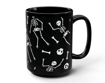 Skeleton Black Mug, 15oz Coffee Cup, Halloween Gift, Spooky Decor, Bone Design, Cute Skeleton Mug