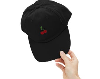 Cherries Distressed Cap, Cute Summer Hat for Women, Adjustable Casual Baseball Hat, Trendy Outdoor Accessory, Gift for Her