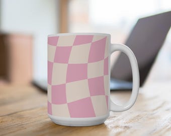 Pink Checkerboard Mug, 15oz Coffee Cup, Cute Gift for Her, Wavy Checkered Print, Modern Kitchen Decor, Trendy Pink Ceramic Mug