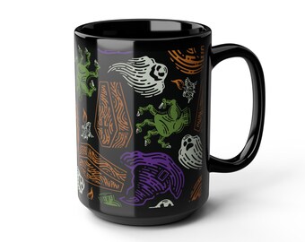 Halloween-Themed Black Mug, Ghosts, Pumpkins, 15oz Coffee Mug, Spooky Drinkware, Gift for Halloween Lovers, Unique Coffee Cup, 15oz.