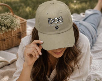 Dog Mama Hat, Distressed Cap for Dog Lovers, Cute Animal Print Hat, Pet Owner Gift, Adjustable Cap, Vintage Style Hat, Paw Print Design