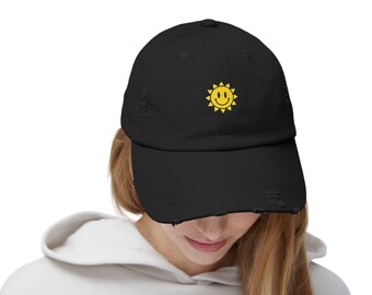 Smiley Sun Yellow Distressed Cap, Cute Summer Hat for Women, Adjustable Casual Baseball Hat, Trendy Outdoor Style, Gift for Her