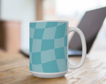 Charming Turquoise Checkered Mug | Coffee Cup, Tea Mug, Wavy Checkered Print, Gift for Her, Birthday Present, Office Mug, Kitchen Accessory