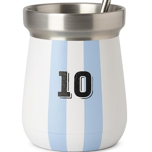 Club Matero | Stainless Steel Mate Cup with Bombilla | Double Wall Vacuum Insulated Yerba Mate Gourd | Mesi 10 Argentina Jersey