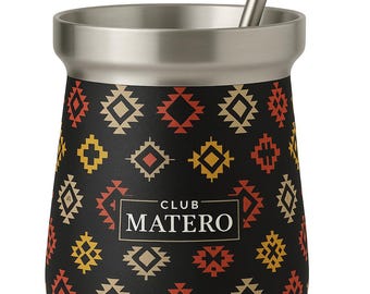 Club Matero | Stainless Steel Mate Cup with Bombilla | Double Wall Vacuum Insulated Yerba Mate Gourd | Black Indigenous Print