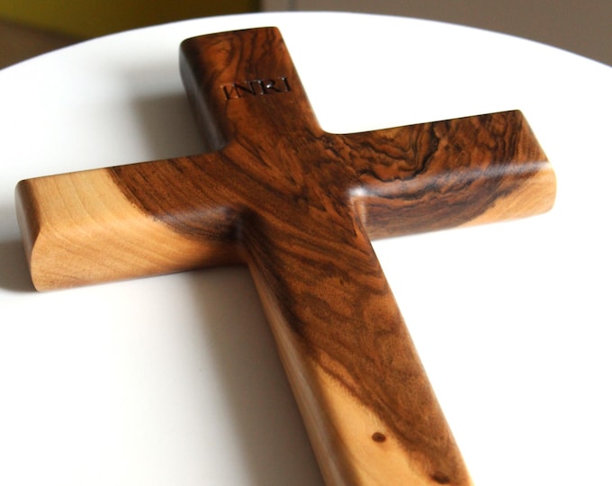 Handmade Solid Walnut Cross: Christian Wall Decor with INRI