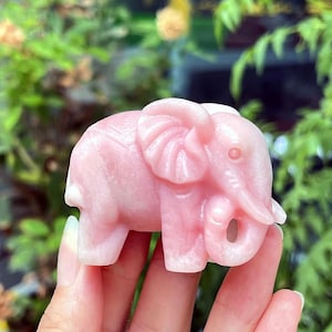 May include: A small, pink elephant figurine carved from stone. The elephant has large ears, a trunk, and a detailed texture. The figurine is held in a hand against a blurred green background.