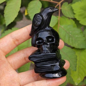 3.8&quot; Natural Obsidian Crow skull, Quartz crystal book,Crystal Animal,Home Decoration,Mineral Specimen,Reiki Healing,Crystal Gifts 1PC