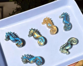 May include: Six small seahorse-shaped carvings made of polished labradorite stone. Each piece displays iridescent flashes of blue, gold, and yellow light across its surface. The carvings are arranged on a light blue rectangular tray.