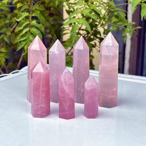 Pode incluir: Uma coleção de seis pontas de cristal de quartzo rosa dispostas em grupo. Cada pedra apresenta uma forma de prisma hexagonal com um topo pontiagudo, exibindo vários tons de rosa pálido translúcido e texturas minerais rosa claro.