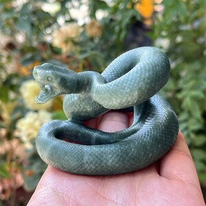 May include: A coiled, jade-green snake sculpture. The serpent is carved with detailed scales and a slightly open mouth, showcasing its fangs. The sculpture is held in a hand, with a blurred background of greenery.