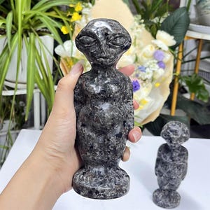 May include: A dark grey alien figurine with a speckled pattern. The figurine has a large head, almond-shaped eyes, and a slender body. A smaller version of the figurine is visible in the background. The figurine is made of stone.