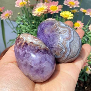 May include: Two polished, oval-shaped amethyst stones with varying patterns and colors. One stone is primarily purple with a textured surface, while the other features a mix of purple, brown, and white bands. The stones are held in a hand, with flowers in the background.