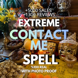 Peut inclure: Un autel avec divers objets religieux, notamment des masques dorés, des statues et des offrandes de nourriture. L'image contient le texte "EXTREME CONTACT ME SPELL" et "+5000 SALES +1300 REVIEWS".