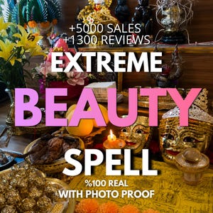 Puede incluir: Un altar ritual con máscaras doradas, flores amarillas, una vela encendida y varios recipientes metálicos. El texto superpuesto dice +5000 SALES +1300 REVIEWS, EXTREME BEAUTY SPELL, %100 REAL WITH PHOTO PROOF sobre una tela amarilla estampada.