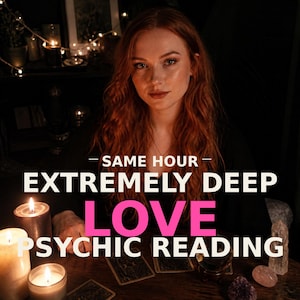 May include: An image promoting a psychic reading service. The text reads "Same Hour - Extremely Deep Love Psychic Reading." The image features a woman with red hair, candles, crystals, and tarot cards, creating a mystical atmosphere.