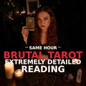 Può includere: Una donna dai capelli rossi tiene in mano una carta dei tarocchi "La Luna". L'immagine presenta candele, cristalli e il testo "BRUTAL TAROT EXTREMELY DETAILED READING."