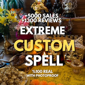 May include: A collection of gold-coloured ritual items, including ornate masks, small containers, and a yellow cloth with intricate black text, featuring the text +5000 SALES +1300 REVIEWS EXTREME CUSTOM SPELL %100 REAL WITH PHOTOPROOF.