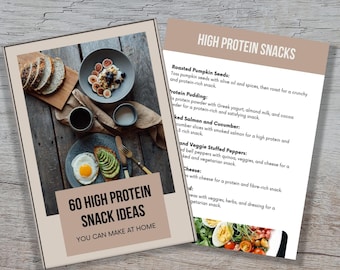 May include: A printable guide with 60 high protein snack ideas you can make at home. The guide features photos of various snacks, including roasted pumpkin seeds, protein pudding, smoked salmon and cucumber, and veggie stuffed peppers.