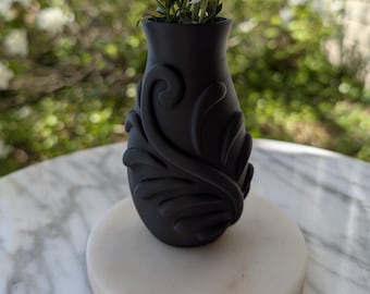 Jarrón Fernway - Jarrón decorativo orgánico moderno impreso en 3D / Negro y terracota / Detalles en relieve / Decoración artesanal
