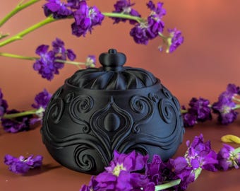 Tarro de joyería gótico con tapa, contenedor de baratijas barroco, caja de recuerdos impresa en 3D, decoración Dark Academia, almacenamiento de inspiración vintage.