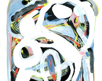 Impressão de arte abstrata de natação: pintura colorida em mídia mista, sobre papel, arte texturizada - Arte colorida - Arte de parede - Azul - Branco.