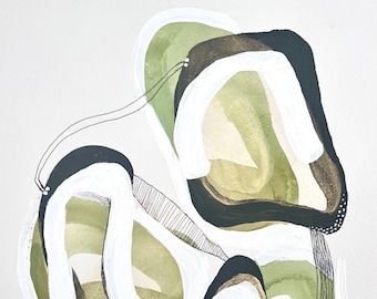 Pintura abstrata moderna sobre papel: formas orgânicas em camadas, aquarela verde e preta (12x16”) Arte moderna,