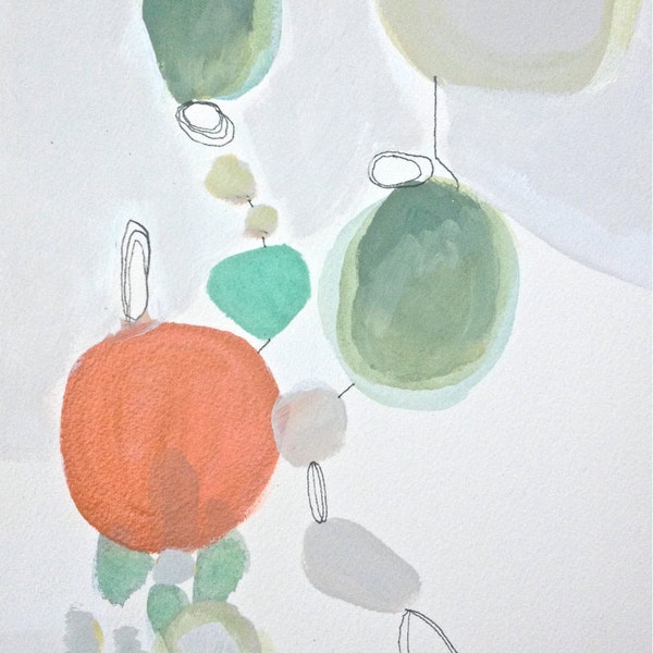 CIJ SALE Original Abstract Mixed Media on  Paper- 7x10"Pebble Grays-Orange- Turquoise-Green-Black- Acrylic-Modern Art for Home