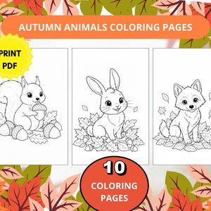 Puede incluir: Una colección digital de 10 páginas para colorear de animales de otoño en formato PDF. El gráfico presenta tres ilustraciones en blanco y negro de una ardilla con bellotas, un conejo y un zorro, rodeados de hojas de otoño caídas.