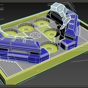 Op de afbeelding: Een 3D-model van een flipperkast, weergegeven met een wireframe-overlay. De machine heeft blauwe en grijze componenten in een geelgroen rechthoekig frame. Het ontwerp omvat cirkelvormige uitsparingen en geometrische vormen.