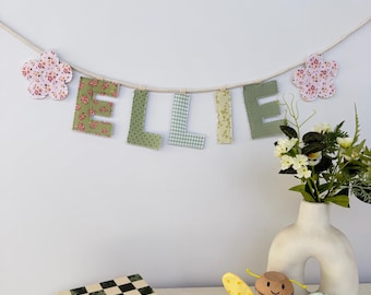 Personalised Baby Name Garland, Floral Name Banner, Custom Fabric Name Bunting, Baby Name Sign, Baby Shower Gift, Kids Room Wall Decor