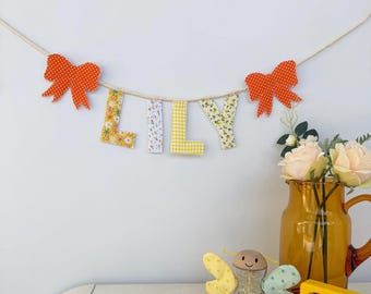Personalised Fabric Name Garland, Handmade Bow Bunting, Custom Fabric Name Banner, Baby Name Sign, Baby Shower Gift, Kids Room Wall Decor