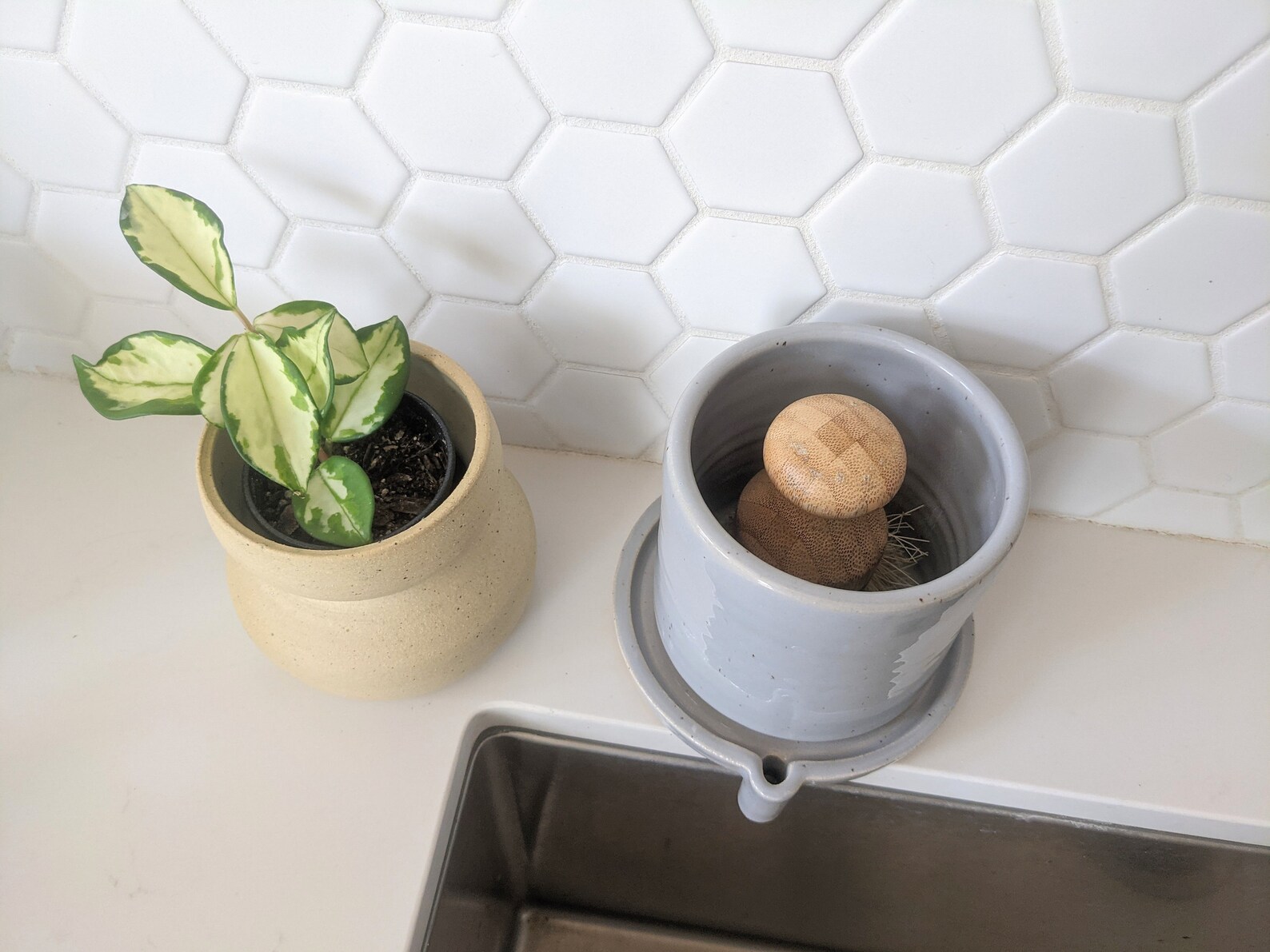 3 gray ceramic dish brush holder with sink drainage by Etsy